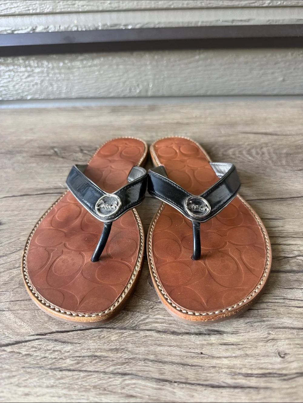 Coach Black Leather Thong Sandals with Brown Embossed Footbed size 8 B